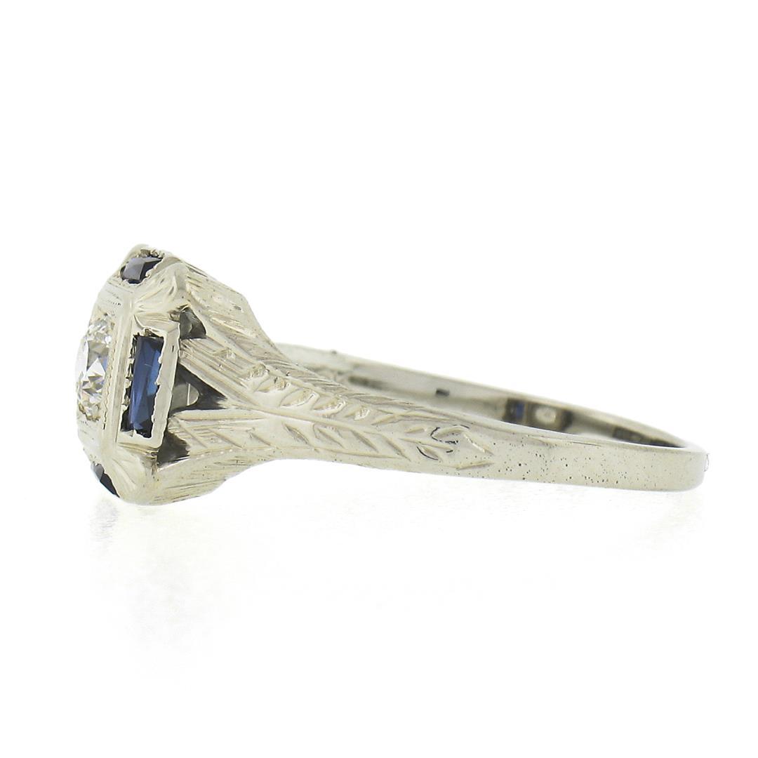 Antique Art Deco 18K White Gold 0.15 ctw Diamond w/ Sapphire Engraved Work Ring