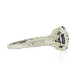 Antique Art Deco 18K White Gold 0.15 ctw Diamond w/ Sapphire Engraved Work Ring