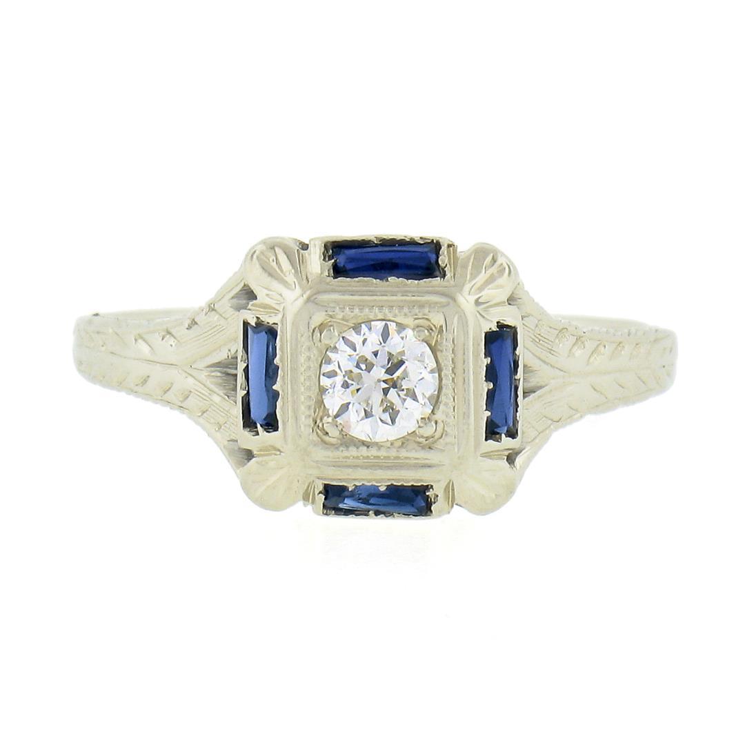 Antique Art Deco 18K White Gold 0.15 ctw Diamond w/ Sapphire Engraved Work Ring