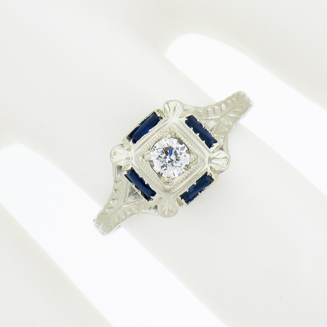 Antique Art Deco 18K White Gold 0.15 ctw Diamond w/ Sapphire Engraved Work Ring