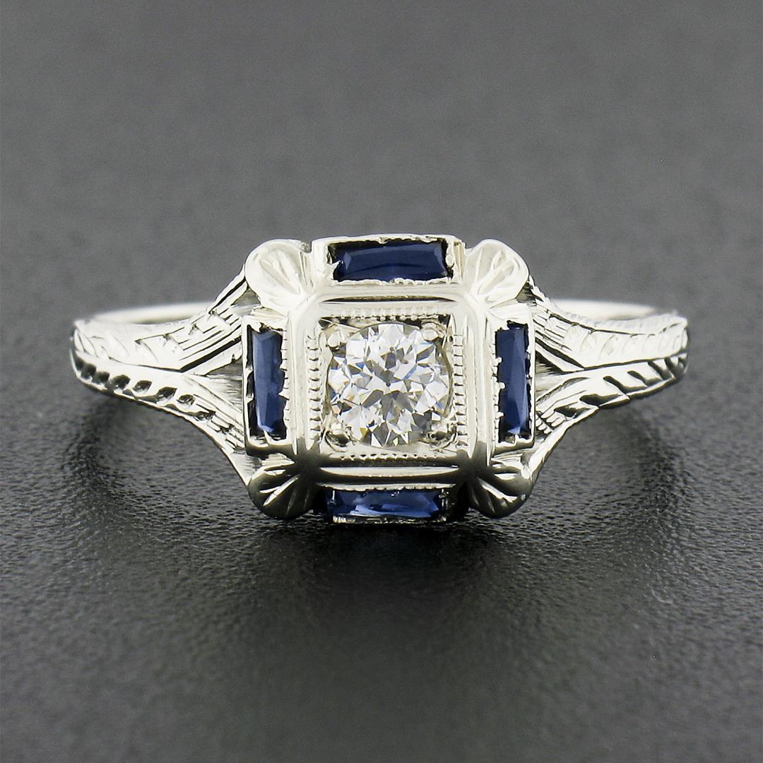 Antique Art Deco 18K White Gold 0.15 ctw Diamond w/ Sapphire Engraved Work Ring