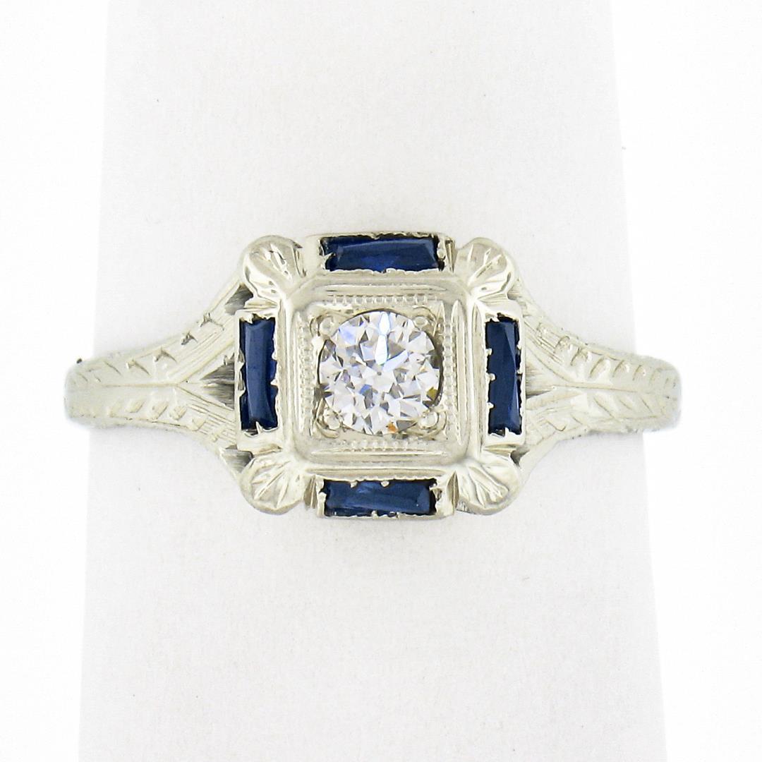 Antique Art Deco 18K White Gold 0.15 ctw Diamond w/ Sapphire Engraved Work Ring