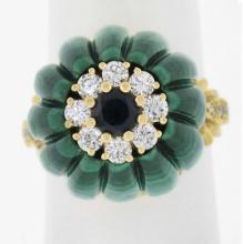 Vintage 18k Yellow Gold Carved Malachite w/ Diamond & Sapphire Statement Ring