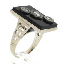 Vintage 10k White Gold Rectangular Black Onyx w/ Diamond Open Work Sides Ring