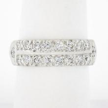 Vintage Platinum 1.0 ctw Dual Row Fishtail Pave Diamond Stack Wedding Band Ring