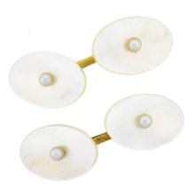 Antique 14k Gold White Mother of Pearl w/ 3mm Seed Pearl Center Oval Cufflinks