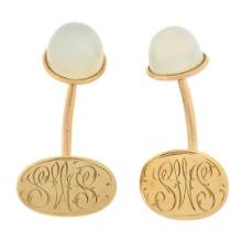 Antique 14K Yellow Gold 9mm Round Cabochon Bezel Set White Moonstone Cuff Links