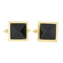 Vintage 18K Yellow Gold Pyramid Cut Bezel Black Onyx Square Swivel Cuff Links