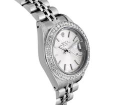 Rolex Ladies Stainless Steel Quickset Silver Index Diamond Bezel Date Watch With