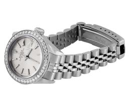 Rolex Ladies Stainless Steel Quickset Silver Index Diamond Bezel Date Watch With