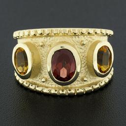14k Yellow Gold Oval Garnet Citrine Matte Finish Bead Work Wide Cigar Band Ring