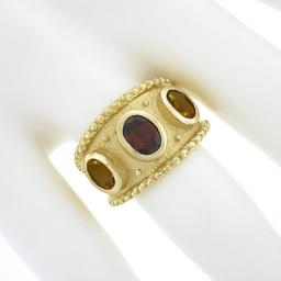 14k Yellow Gold Oval Garnet Citrine Matte Finish Bead Work Wide Cigar Band Ring