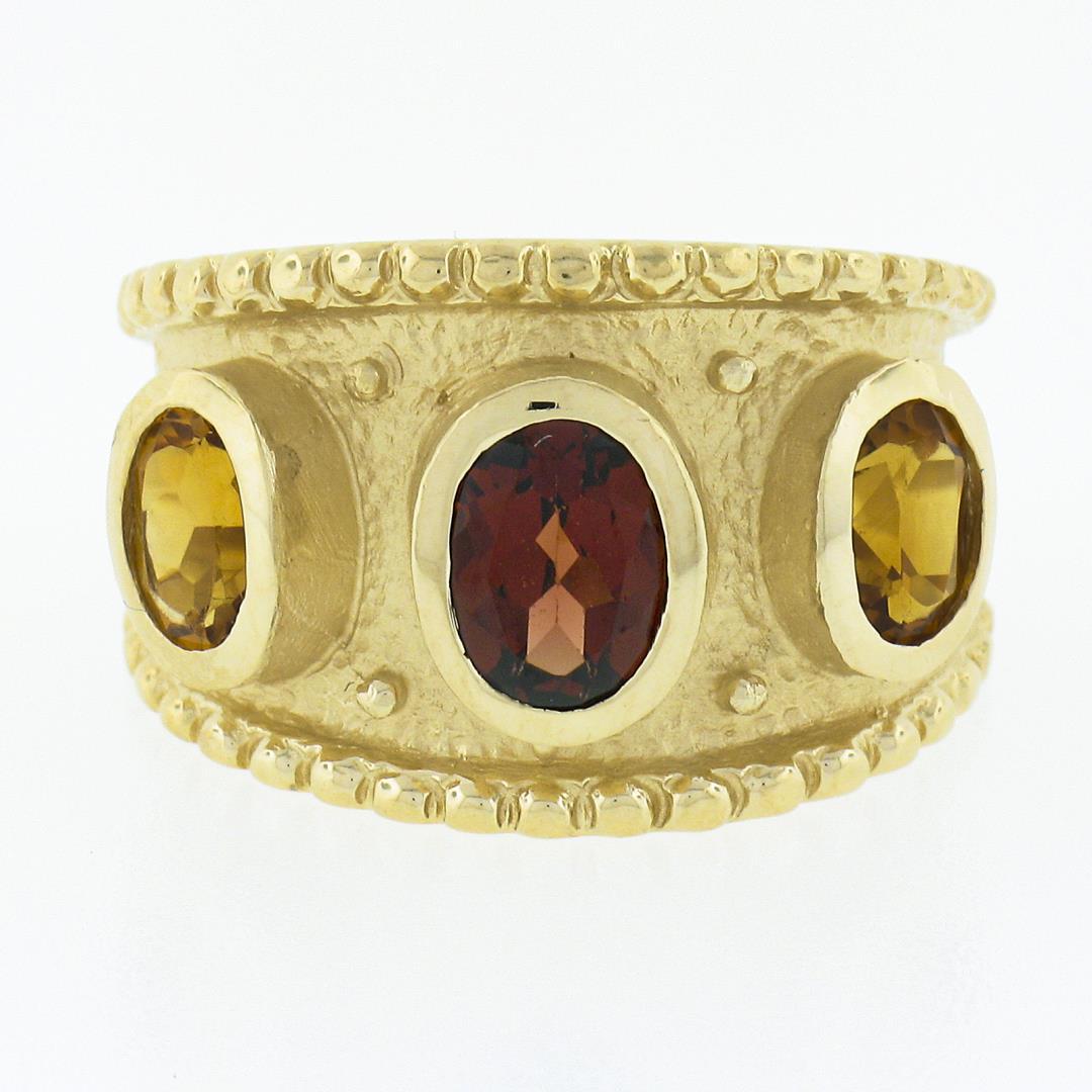 14k Yellow Gold Oval Garnet Citrine Matte Finish Bead Work Wide Cigar Band Ring