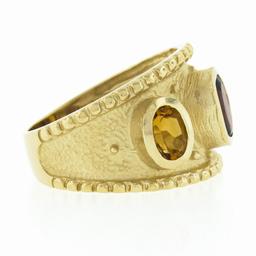 14k Yellow Gold Oval Garnet Citrine Matte Finish Bead Work Wide Cigar Band Ring
