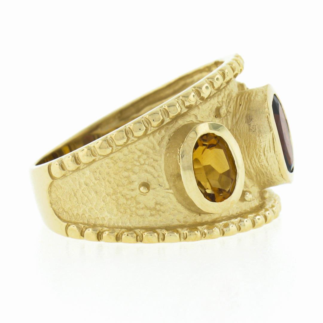 14k Yellow Gold Oval Garnet Citrine Matte Finish Bead Work Wide Cigar Band Ring