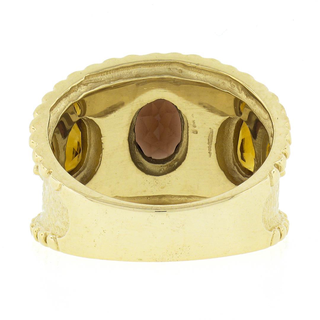 14k Yellow Gold Oval Garnet Citrine Matte Finish Bead Work Wide Cigar Band Ring