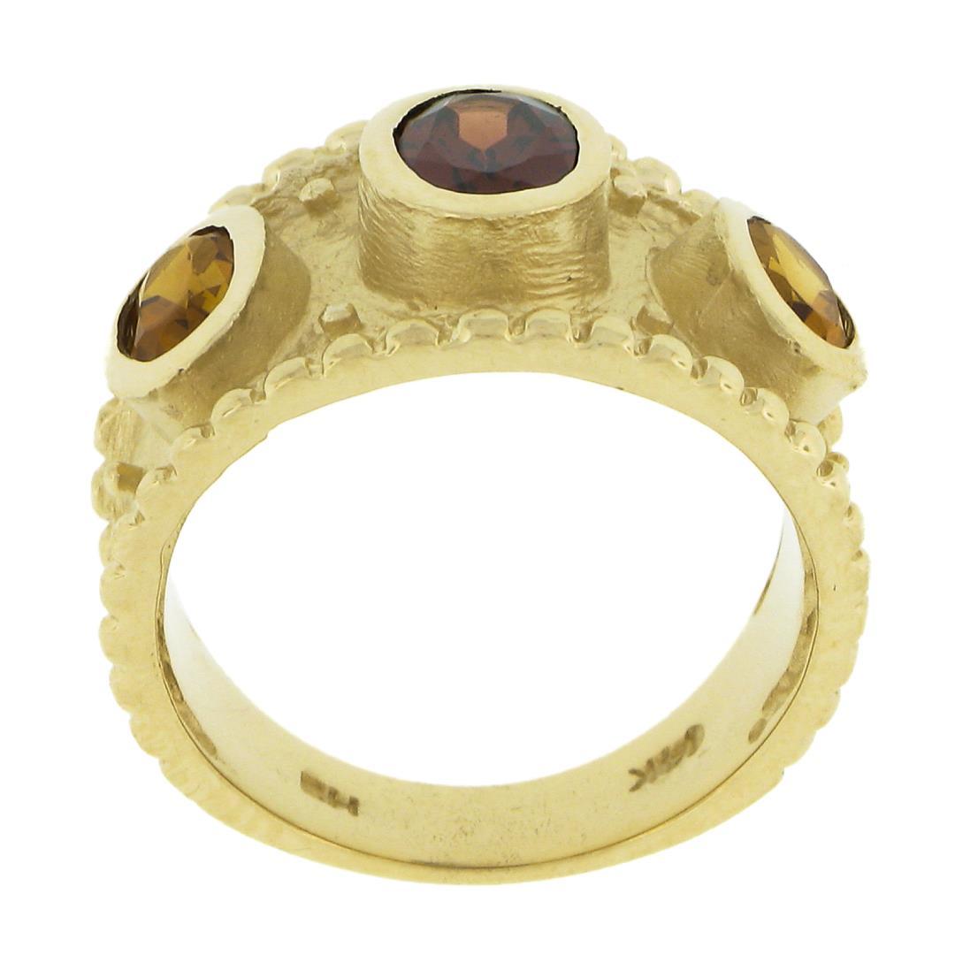 14k Yellow Gold Oval Garnet Citrine Matte Finish Bead Work Wide Cigar Band Ring