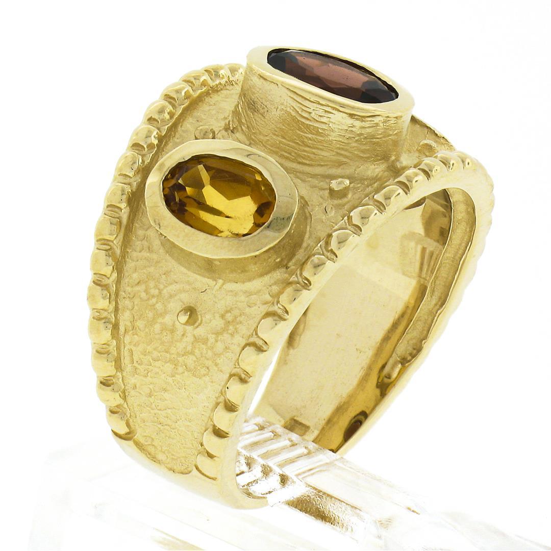 14k Yellow Gold Oval Garnet Citrine Matte Finish Bead Work Wide Cigar Band Ring