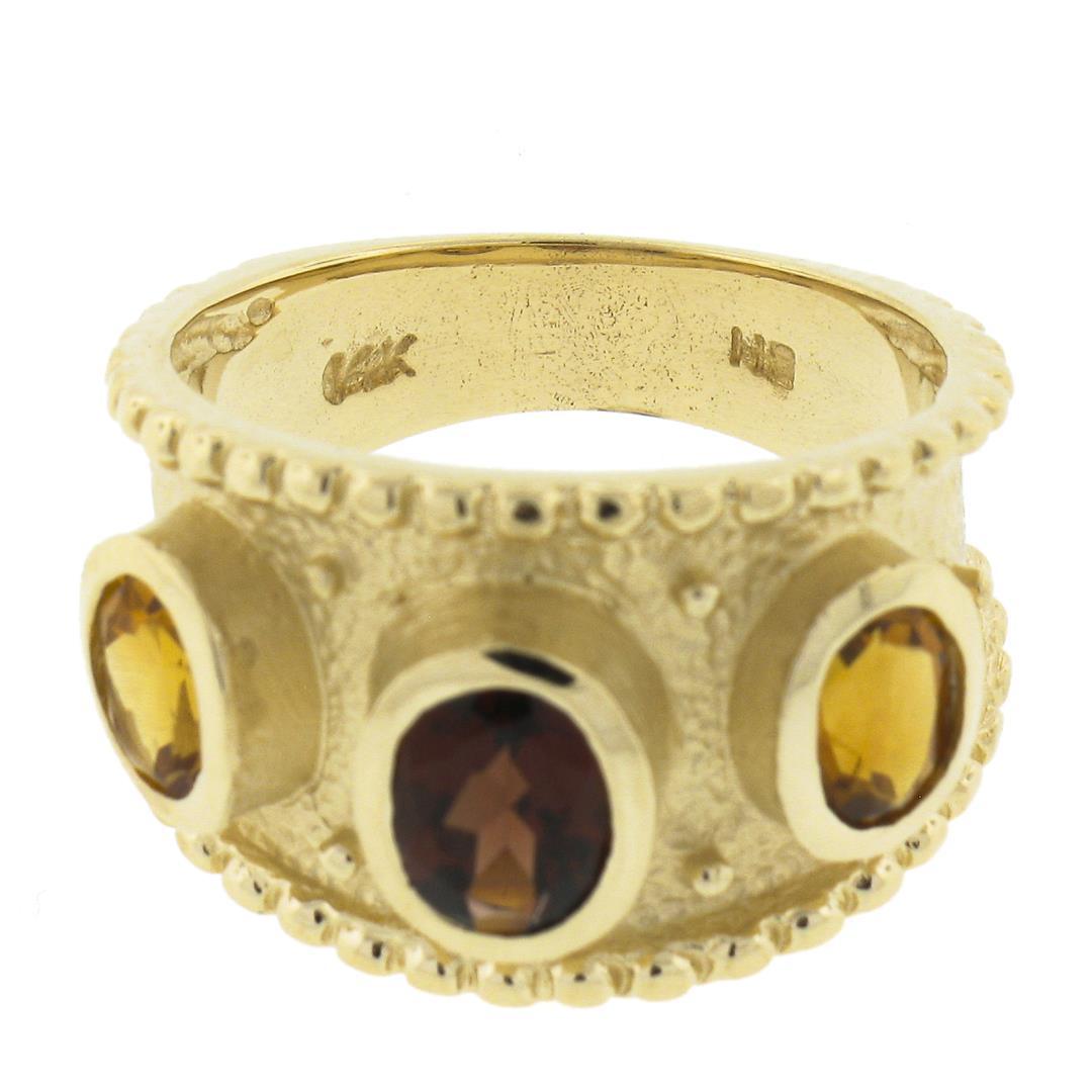 14k Yellow Gold Oval Garnet Citrine Matte Finish Bead Work Wide Cigar Band Ring