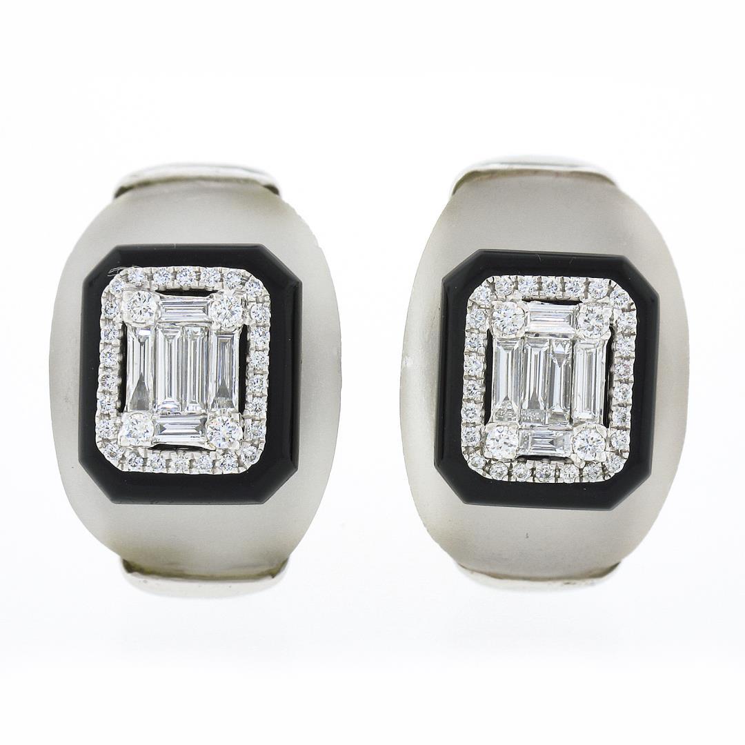 18k White Gold Rock Crystal Black Onyx & Baguette Diamond Domed Button Earrings