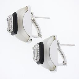 18k White Gold Rock Crystal Black Onyx & Baguette Diamond Domed Button Earrings