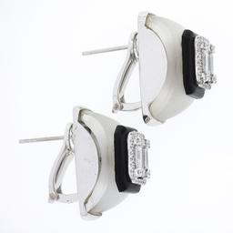 18k White Gold Rock Crystal Black Onyx & Baguette Diamond Domed Button Earrings