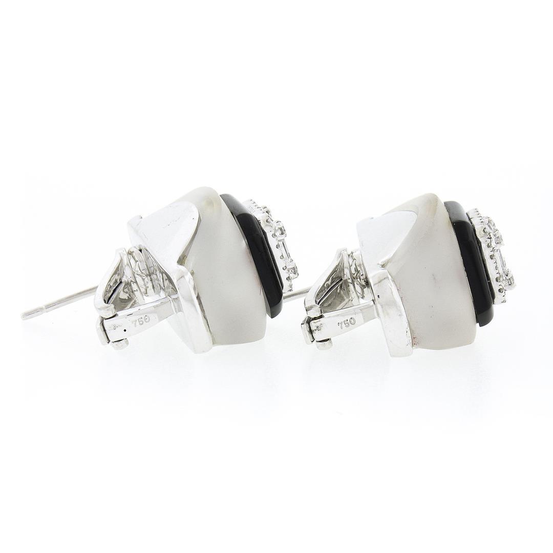 18k White Gold Rock Crystal Black Onyx & Baguette Diamond Domed Button Earrings