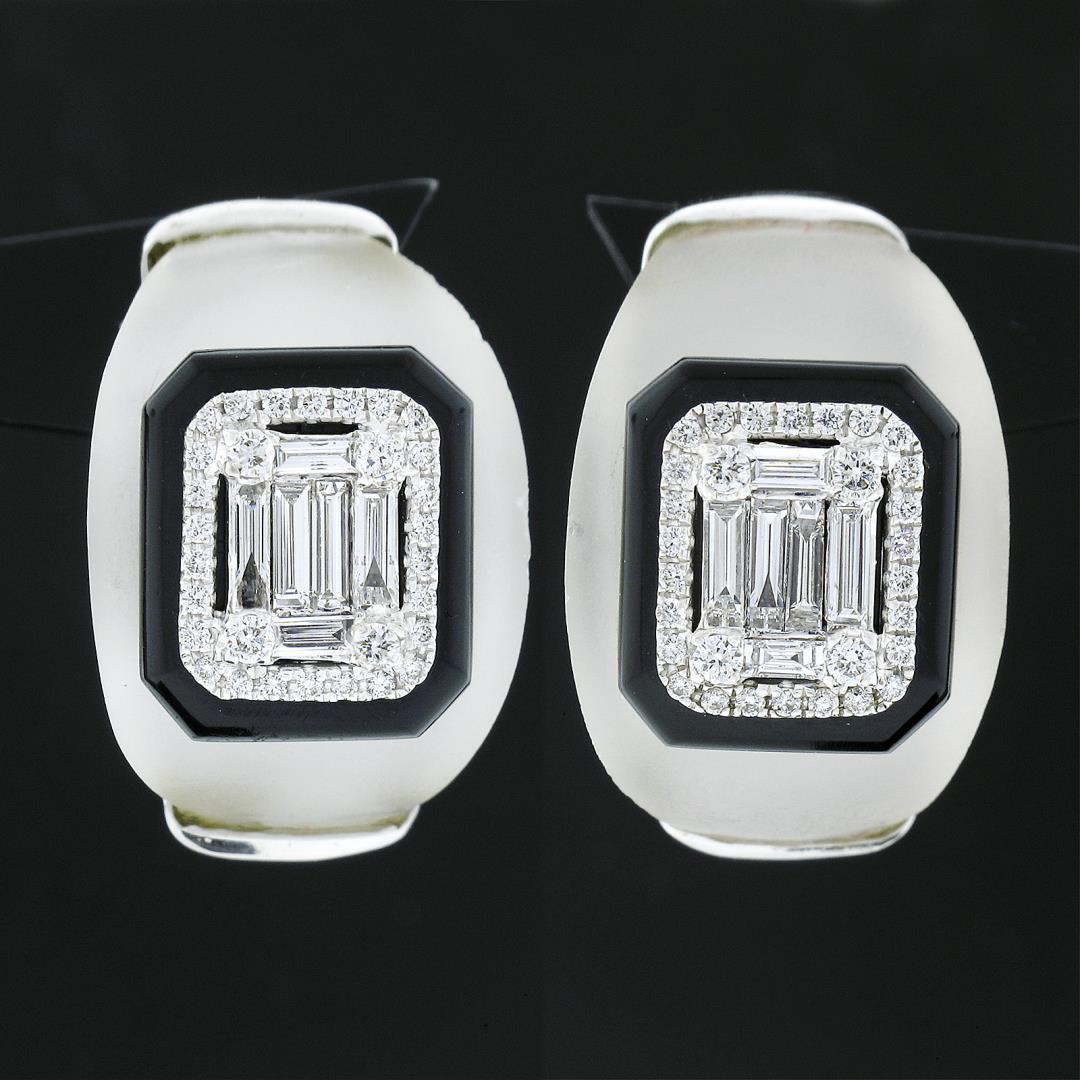 18k White Gold Rock Crystal Black Onyx & Baguette Diamond Domed Button Earrings