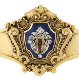 Antique Victorian 18K Gold Diamond & Ruby Enamel Repousse Work Bangle Bracelet