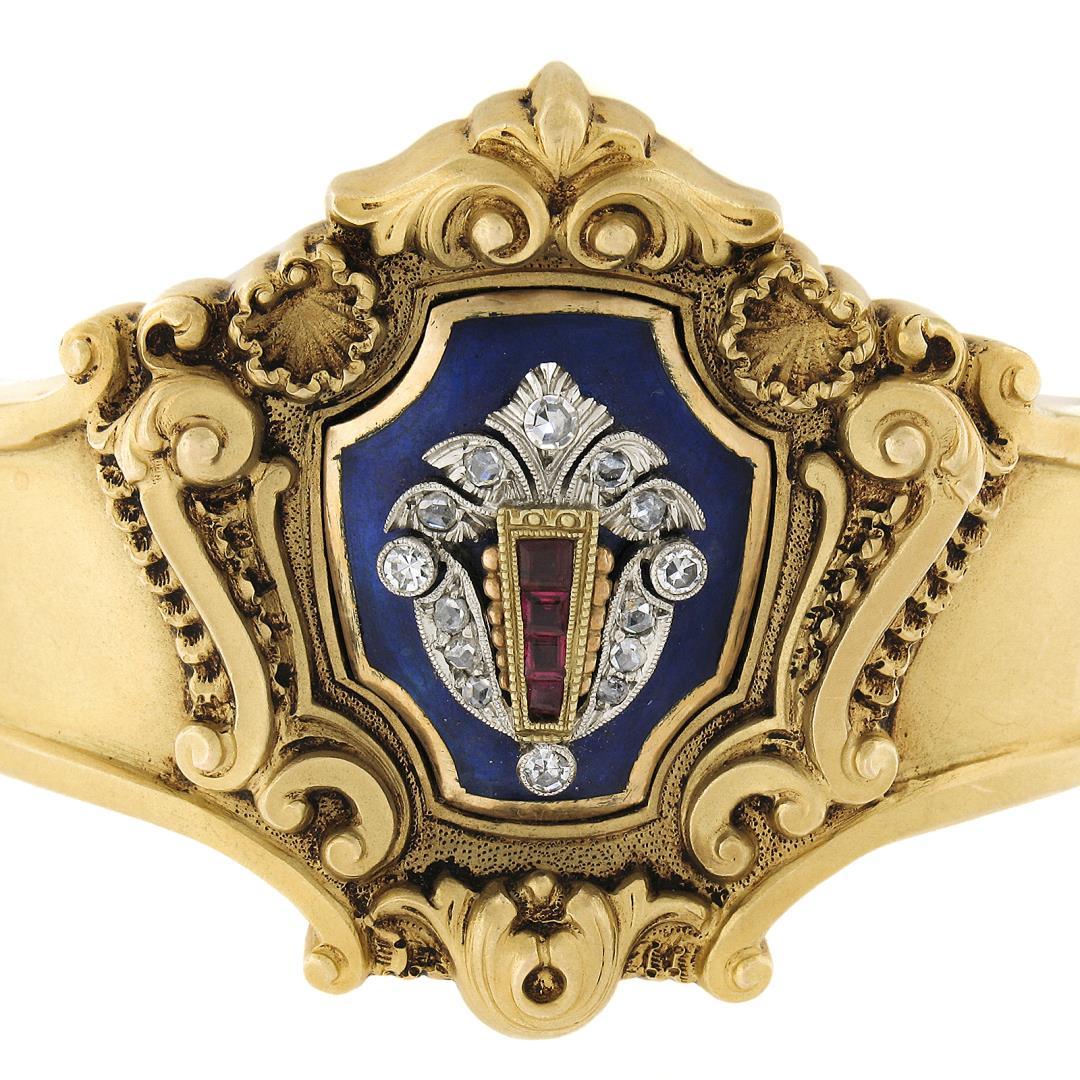 Antique Victorian 18K Gold Diamond & Ruby Enamel Repousse Work Bangle Bracelet