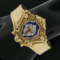 Antique Victorian 18K Gold Diamond & Ruby Enamel Repousse Work Bangle Bracelet