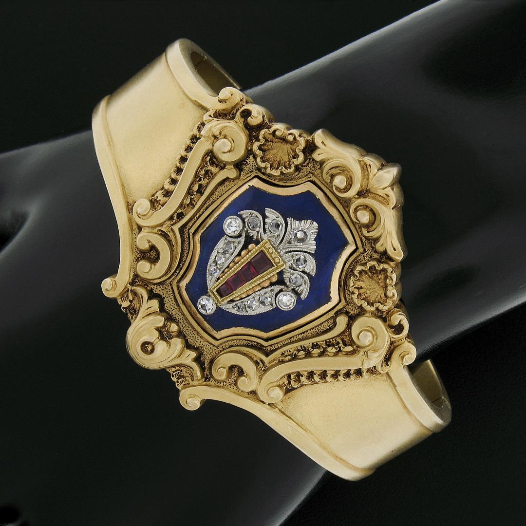 Antique Victorian 18K Gold Diamond & Ruby Enamel Repousse Work Bangle Bracelet