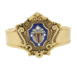 Antique Victorian 18K Gold Diamond & Ruby Enamel Repousse Work Bangle Bracelet