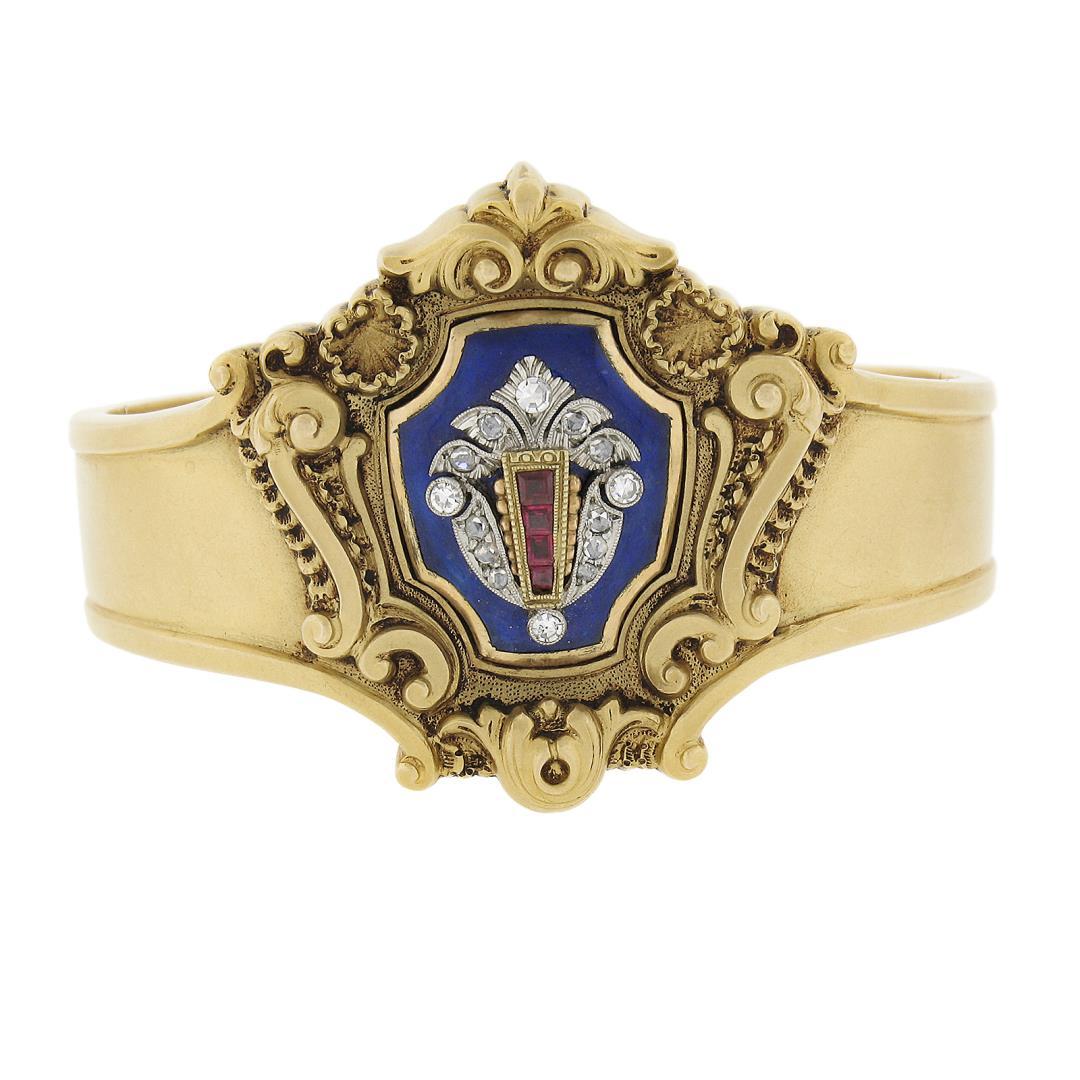 Antique Victorian 18K Gold Diamond & Ruby Enamel Repousse Work Bangle Bracelet