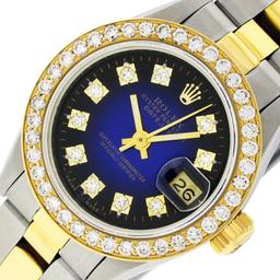 Rolex Ladies Quickset Two Tone Blue Vignette Diamond Datejust Wristwatch 26MM