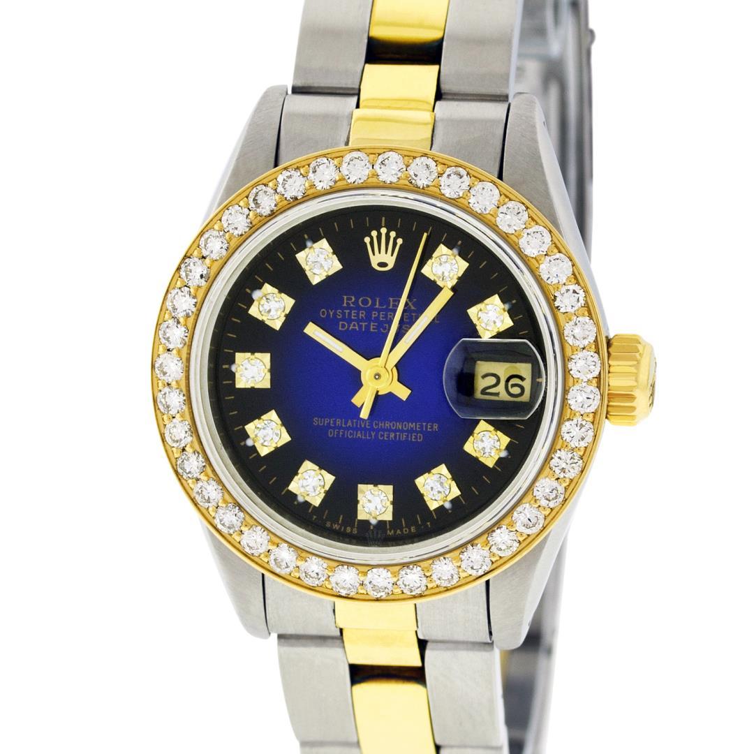 Rolex Ladies Quickset Two Tone Blue Vignette Diamond Datejust Wristwatch 26MM
