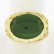 Vintage Mens 14K Yellow Gold Oval Cabochon Green Jade Sideways Nugget Band Ring
