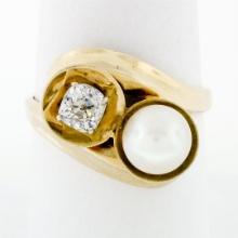 Antique 14k Gold 7.2mm Pearl.58 ctw Old Mine Cushion Diamond Bypass Cocktail Rin