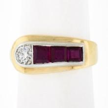 Maurice Tishman Retro 14K Gold & Platinum Diamond & Ruby Buckle Style Band Ring