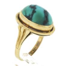 Vintage 14k Yellow Gold Oval Cabochon Bezel Set Turquoise Grooved Cocktail Ring