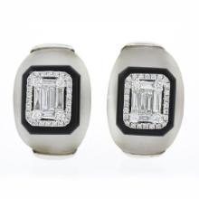 18k White Gold Rock Crystal Black Onyx & Baguette Diamond Domed Button Earrings