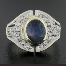 Vintage 14k TT Gold Cabochon Blue Star Sapphire w/ Round Diamond Cocktail Ring