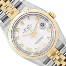 Rolex Mens Two Tone Sapphire Quickset White Roman Dial Datejust With Rolex Box