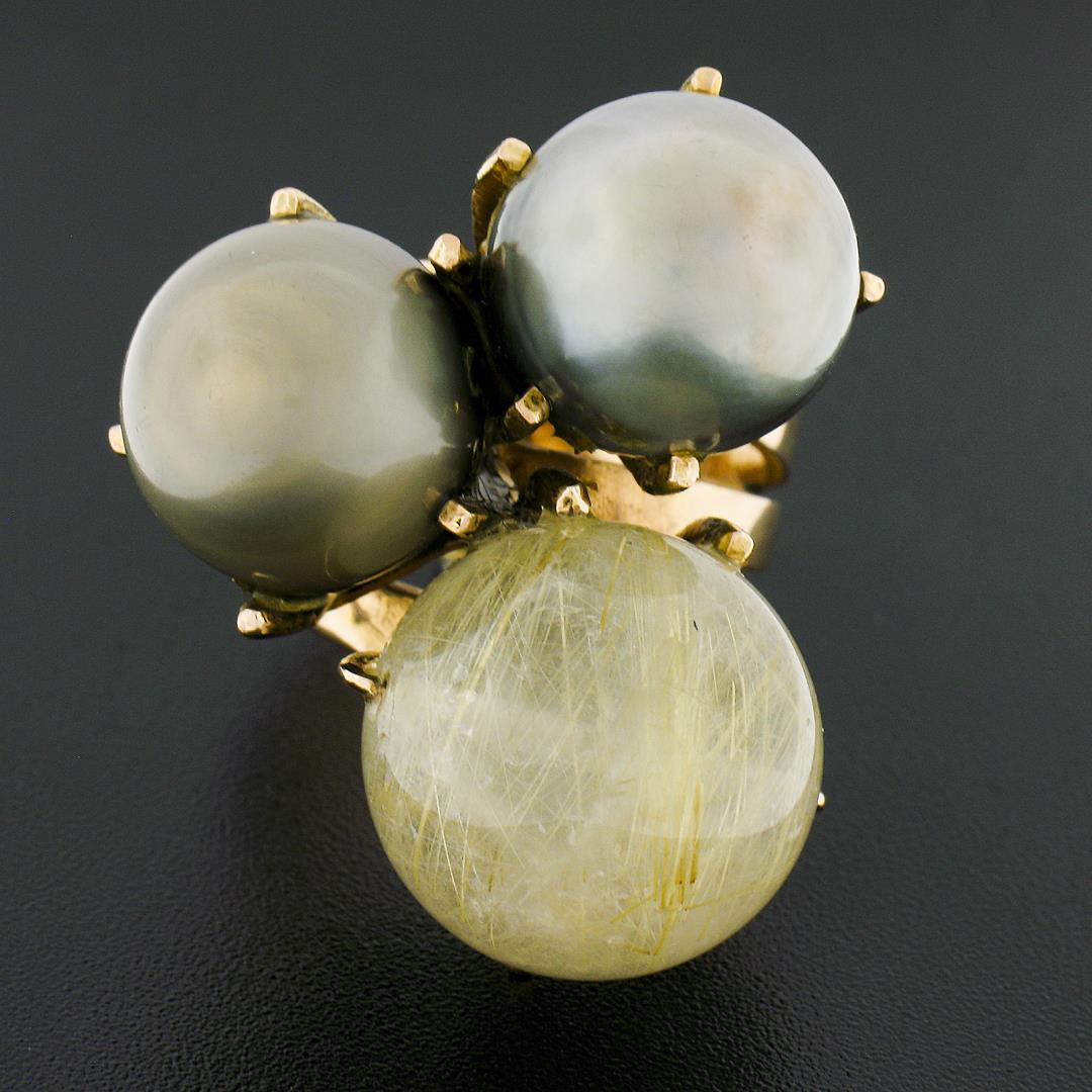 18k Rose Gold Tahitian Pearl & Rutilated Quartz Large High Profile Cocktail Ring