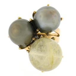 18k Rose Gold Tahitian Pearl & Rutilated Quartz Large High Profile Cocktail Ring