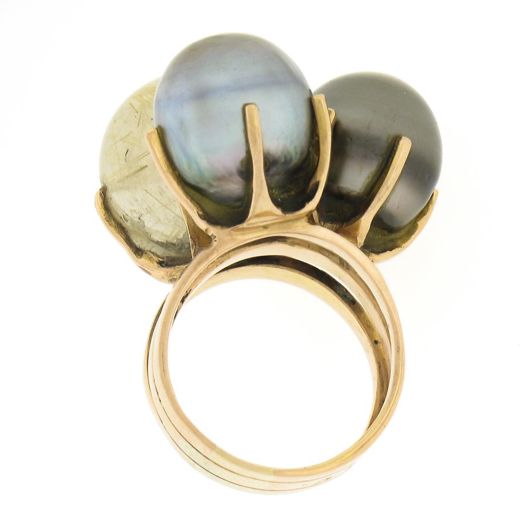 18k Rose Gold Tahitian Pearl & Rutilated Quartz Large High Profile Cocktail Ring