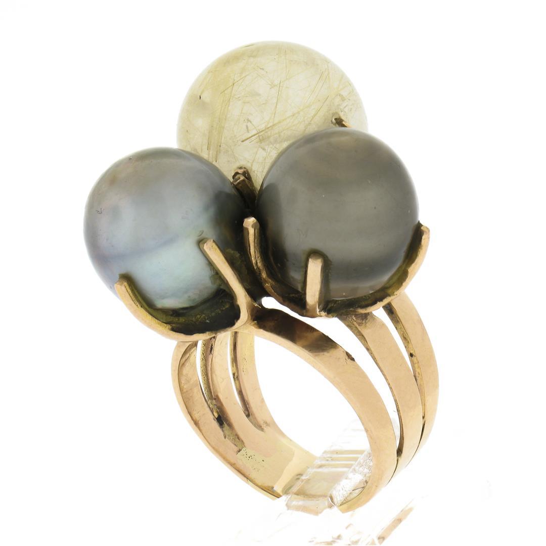 18k Rose Gold Tahitian Pearl & Rutilated Quartz Large High Profile Cocktail Ring