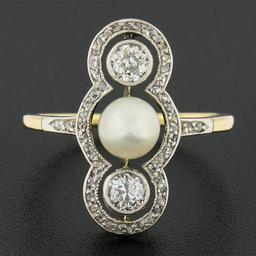 Antique Edwardian 14K Gold & Platinum European Diamond & 5.9mm Pearl Dinner Ring
