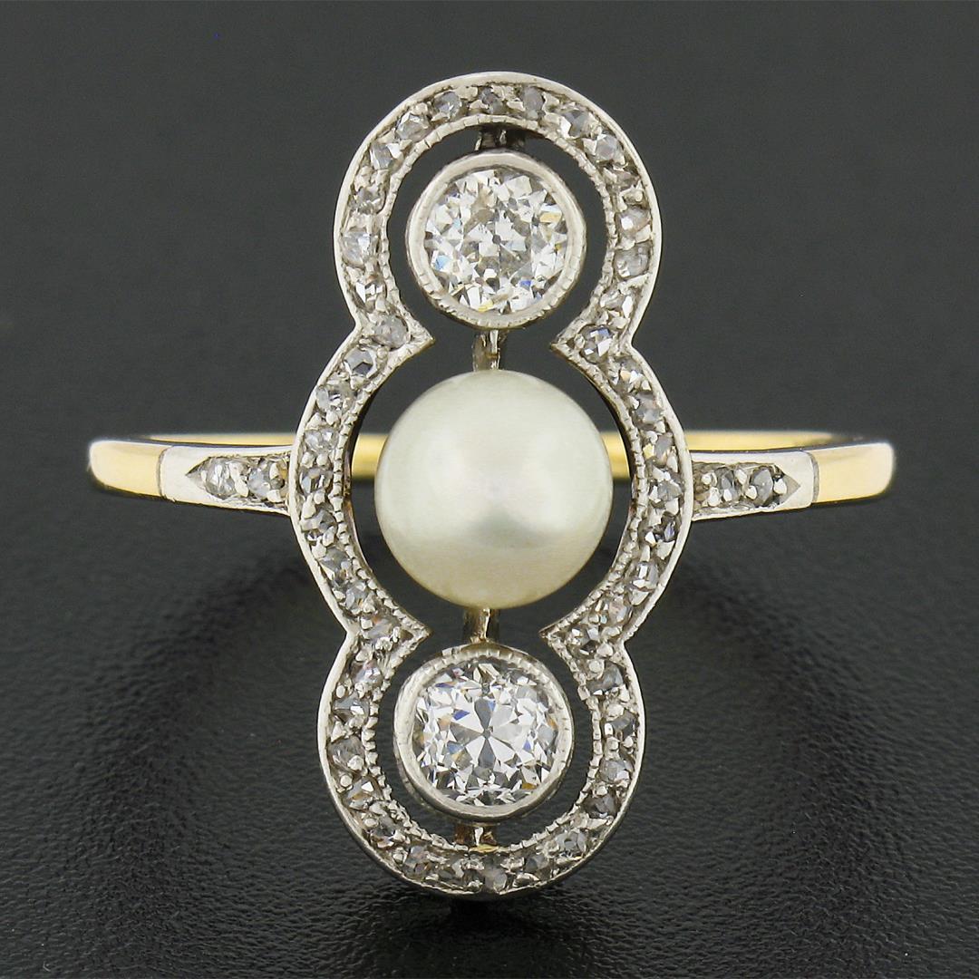 Antique Edwardian 14K Gold & Platinum European Diamond & 5.9mm Pearl Dinner Ring
