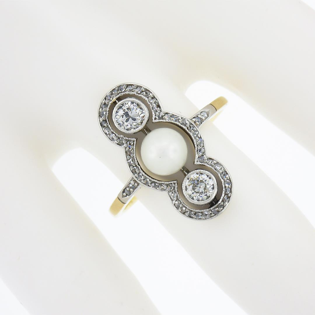 Antique Edwardian 14K Gold & Platinum European Diamond & 5.9mm Pearl Dinner Ring